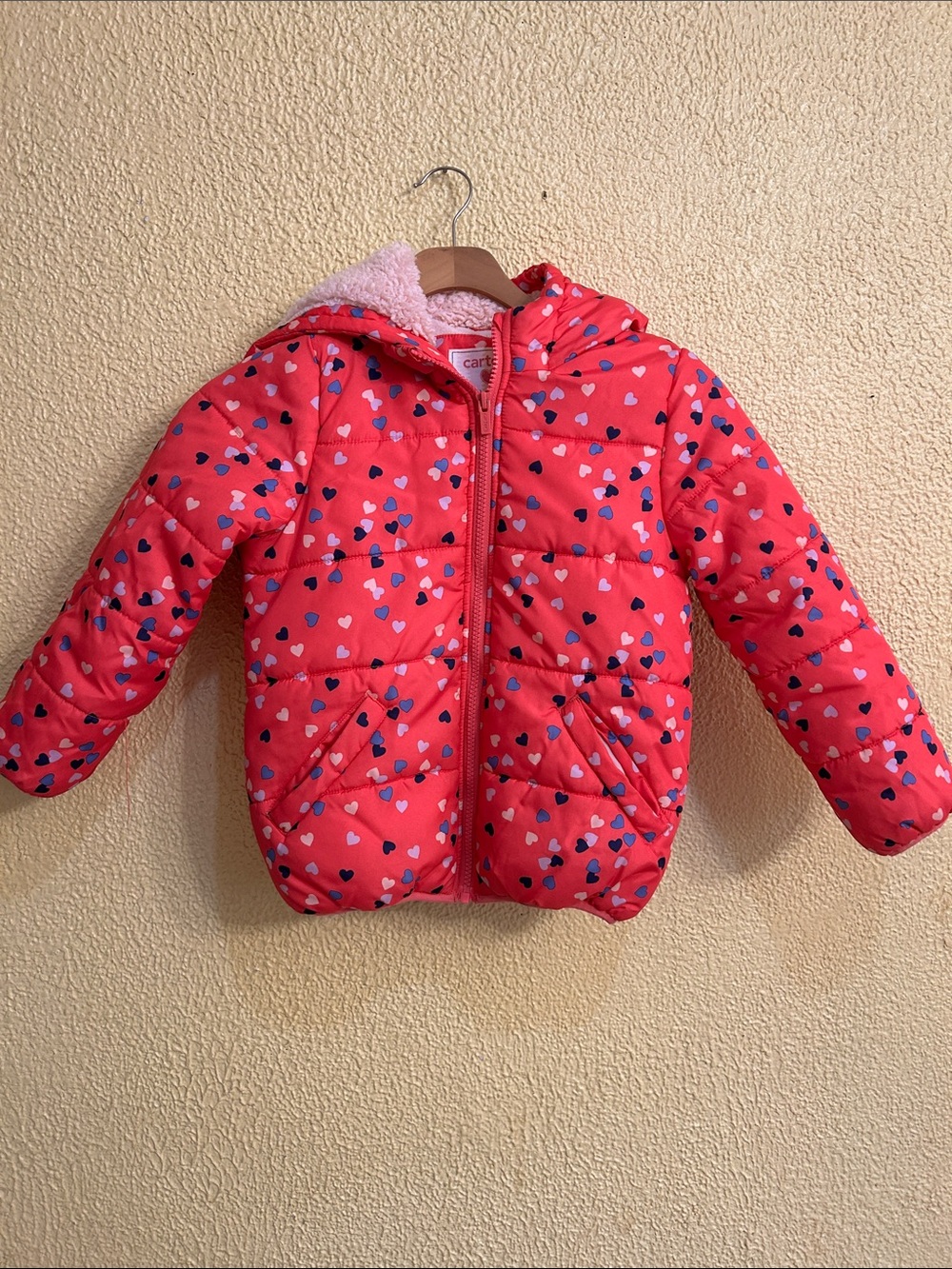 Carter's Coral Pink Puffer Jacket with Multicolor Heart Print and Hood